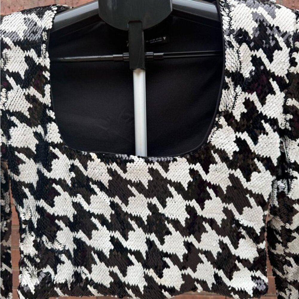 ZARA Black White Sequin Houndstooth Crop Top Long Sleeve Womens Size XS - Picture 2 of 8